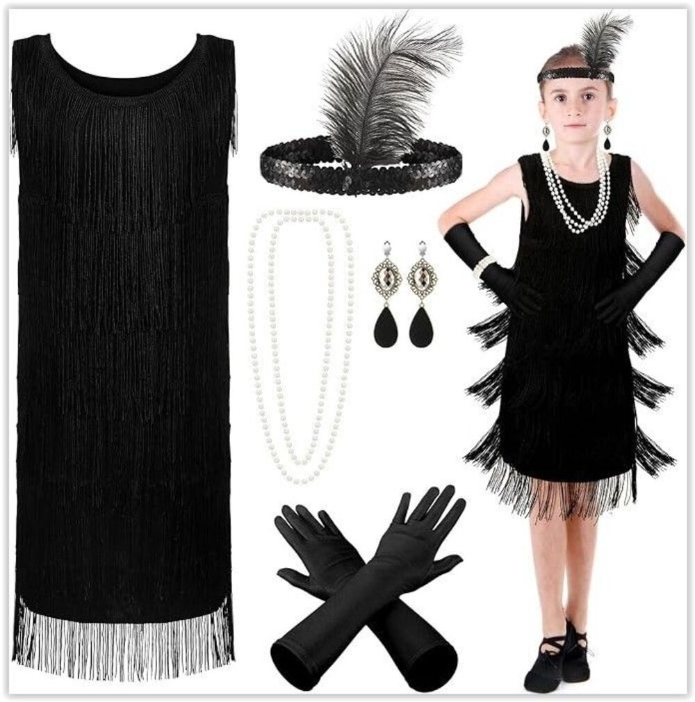 Girls 1920s Flapper Fringed Dress Costume w/Necklace,Earrings, Glove, Headp- NEW